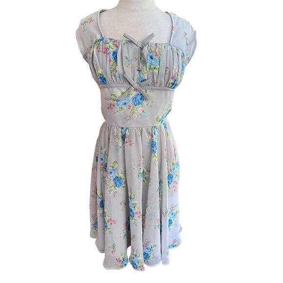 HELL BUNNY Gray Floral Sleeveless Vintage Chiffon Roslyn Dress Size Small - Picture 1 of 6